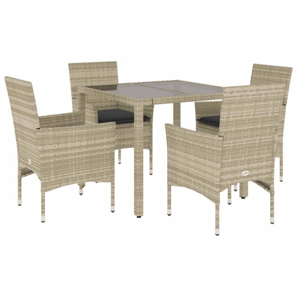 Set comedor jardín 5 pzas y cojines ratán PE vidrio gris