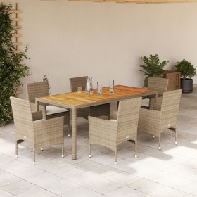 Set de comedor jardín 7 pzas con cojines ratán PE acacia