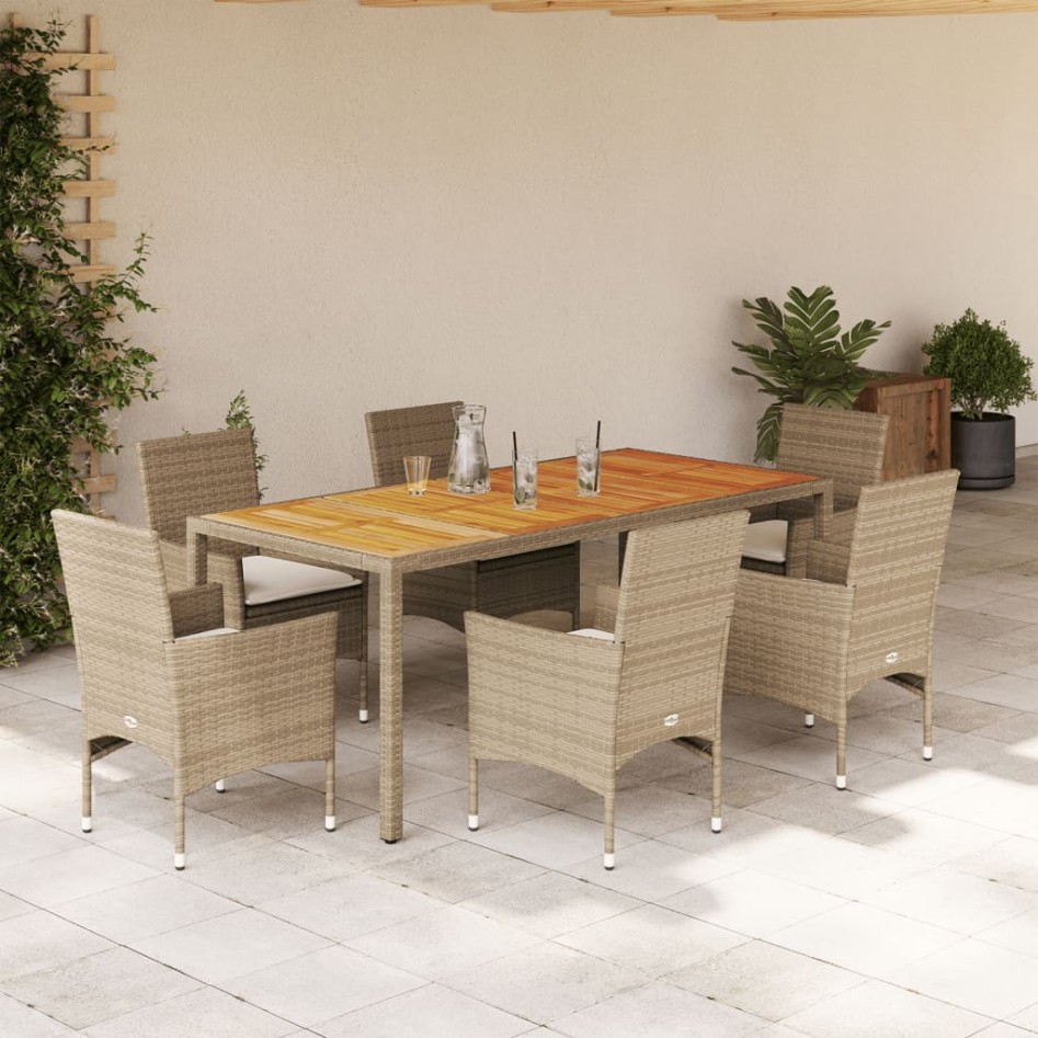 Set de comedor jardín 7 pzas con cojines ratán PE acacia