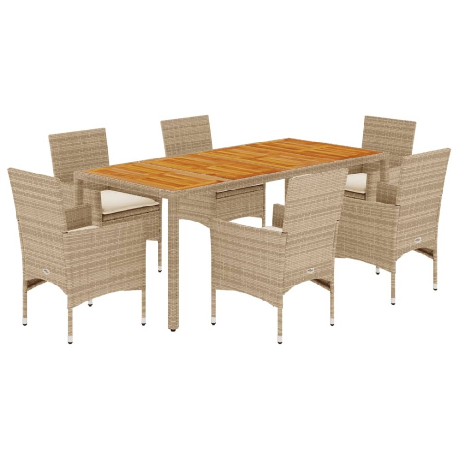Set de comedor jardín 7 pzas con cojines ratán PE acacia