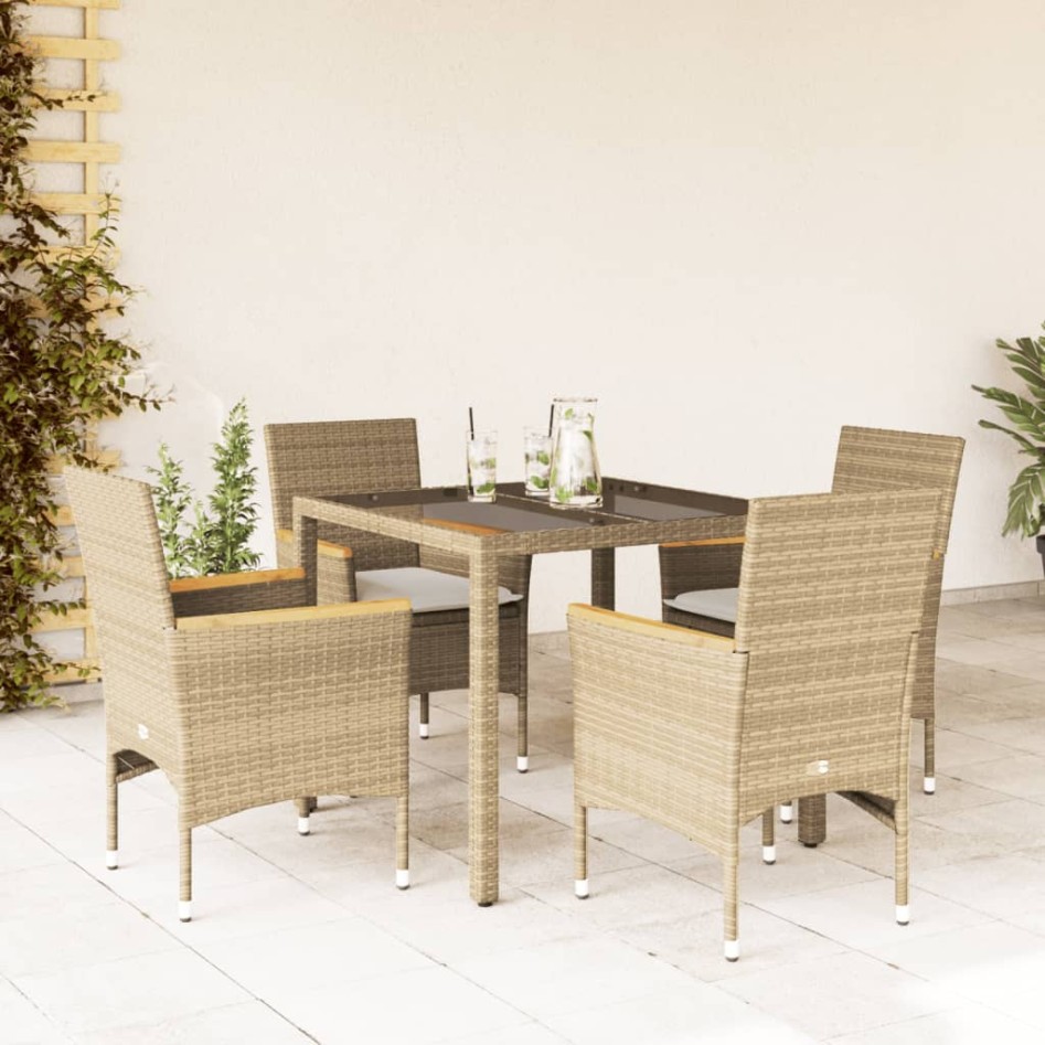 Set comedor jardín 5 pzas cojines ratán sintético vidrio