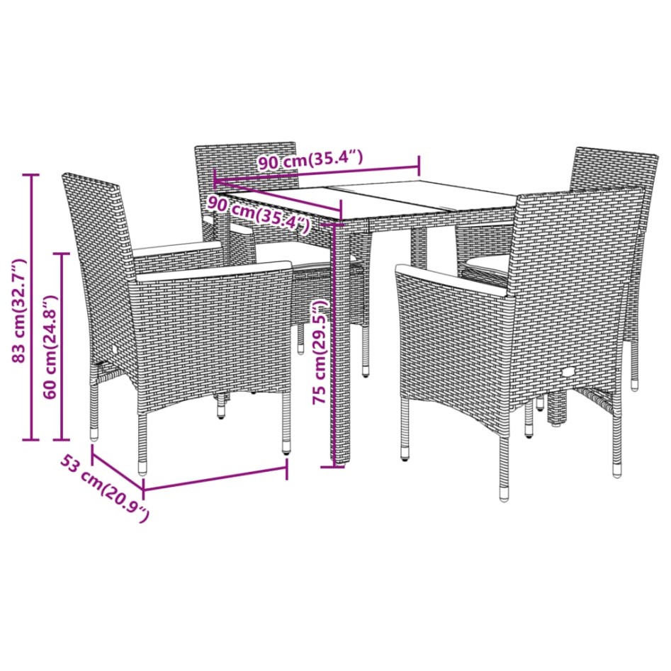 Set comedor jardín 5 pzas cojines ratán sintético vidrio
