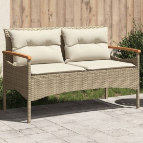 Banco de jardín y cojines ratán sintético beige 116x62,5x74