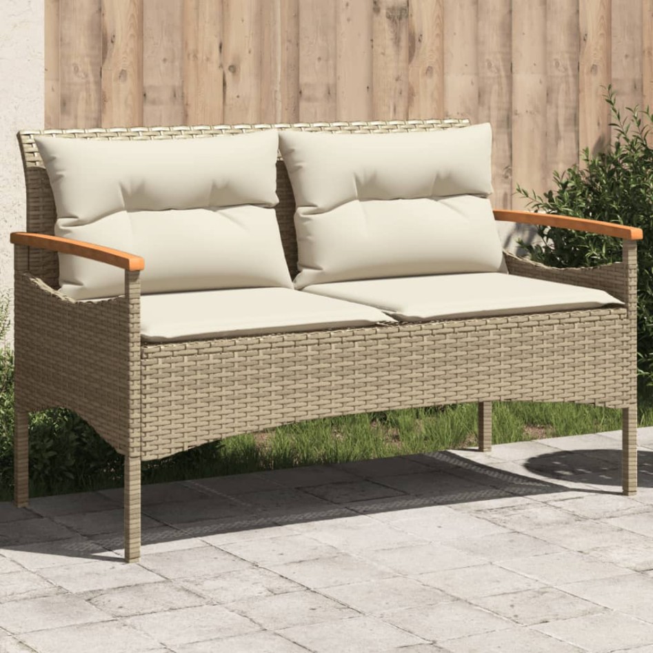 Banco de jardín y cojines ratán sintético beige 116x62,5x74