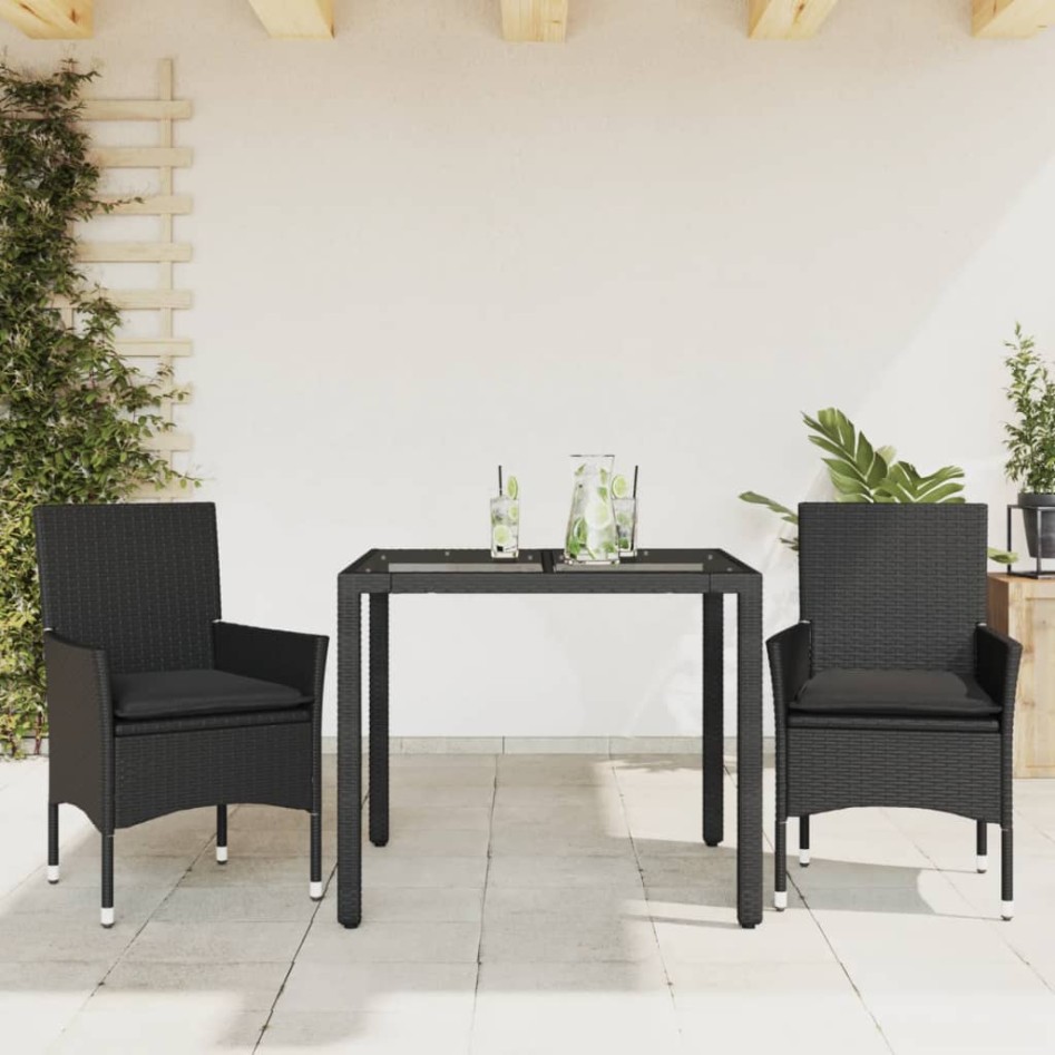 Set comedor jardín 3 pzas cojines ratán sintético vidrio