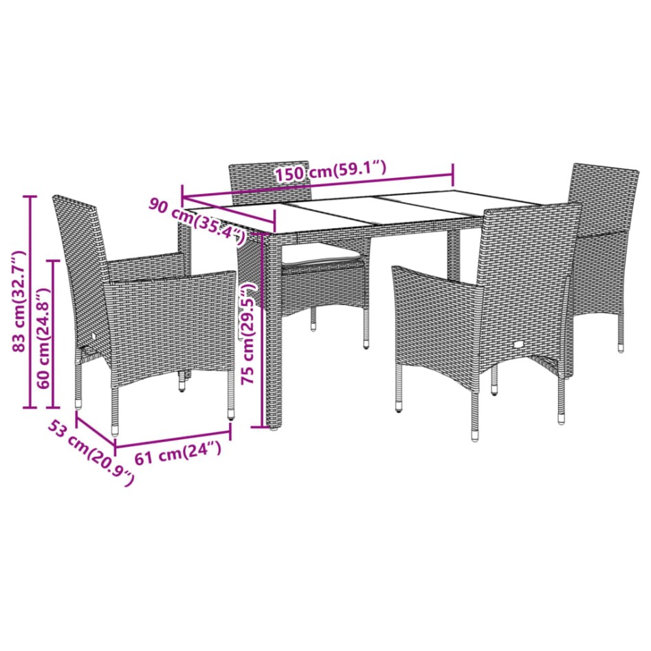 Set comedor jardín 5 pzas cojines ratán sintético vidrio