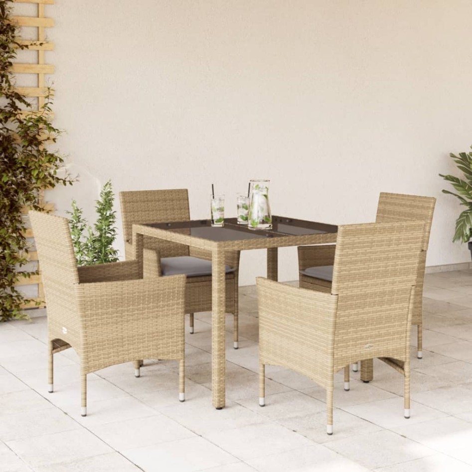 Set comedor jardín 5 pzas cojines ratán sintético vidrio