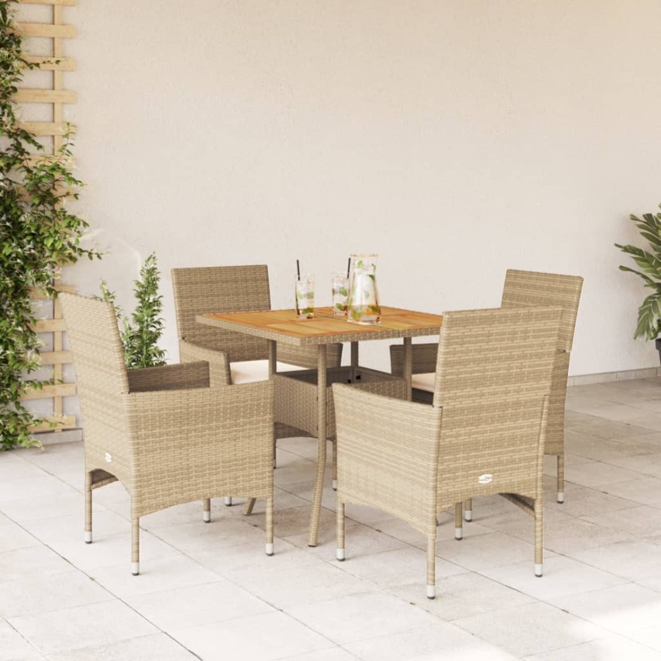 Set de comedor jardín 5 pzas con cojines ratán PE acacia
