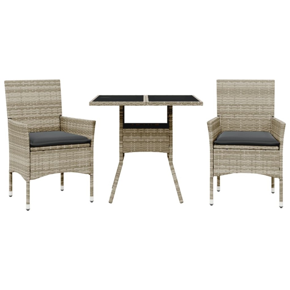 Set comedor jardín 3 pzas y cojines ratán PE vidrio gris