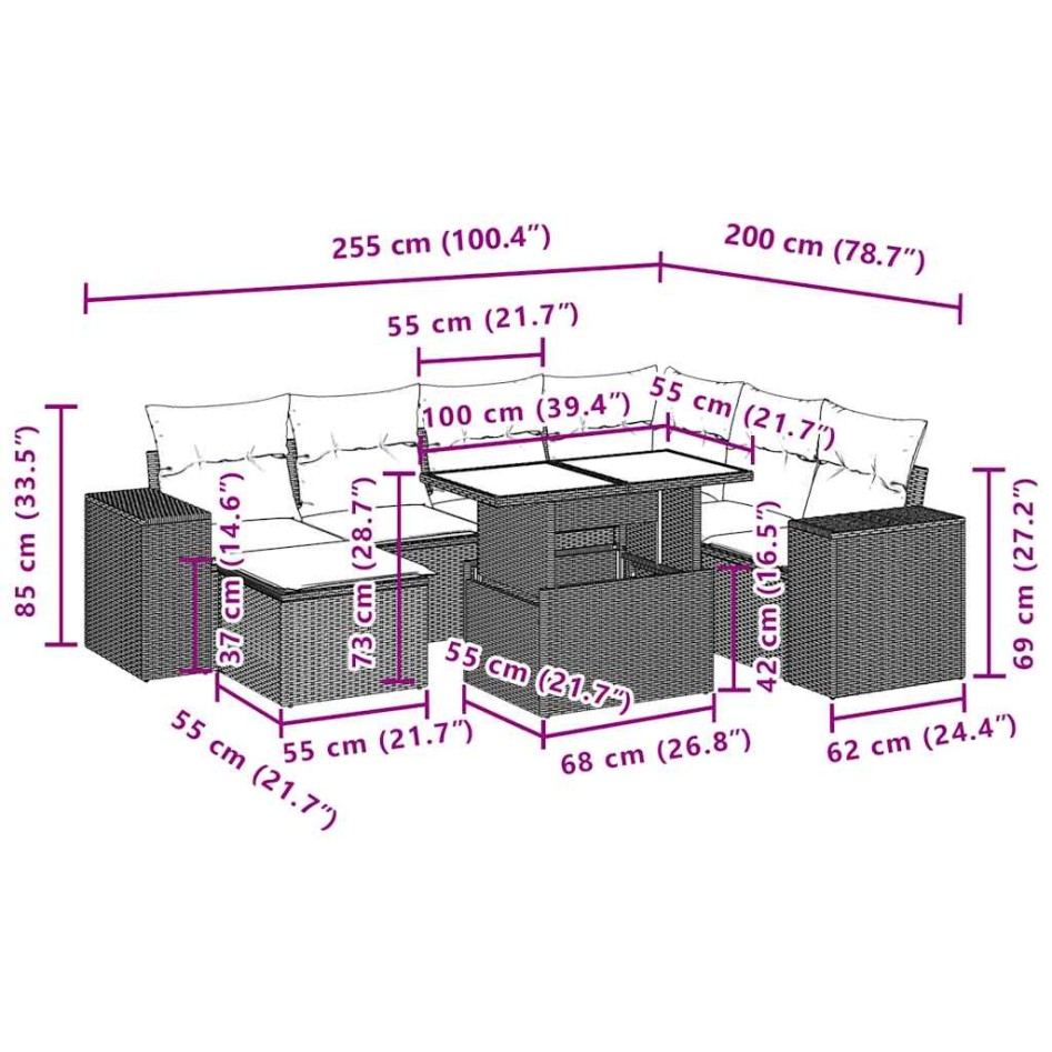 Set de sofás de jardín 8 piezas y cojines ratán sintético