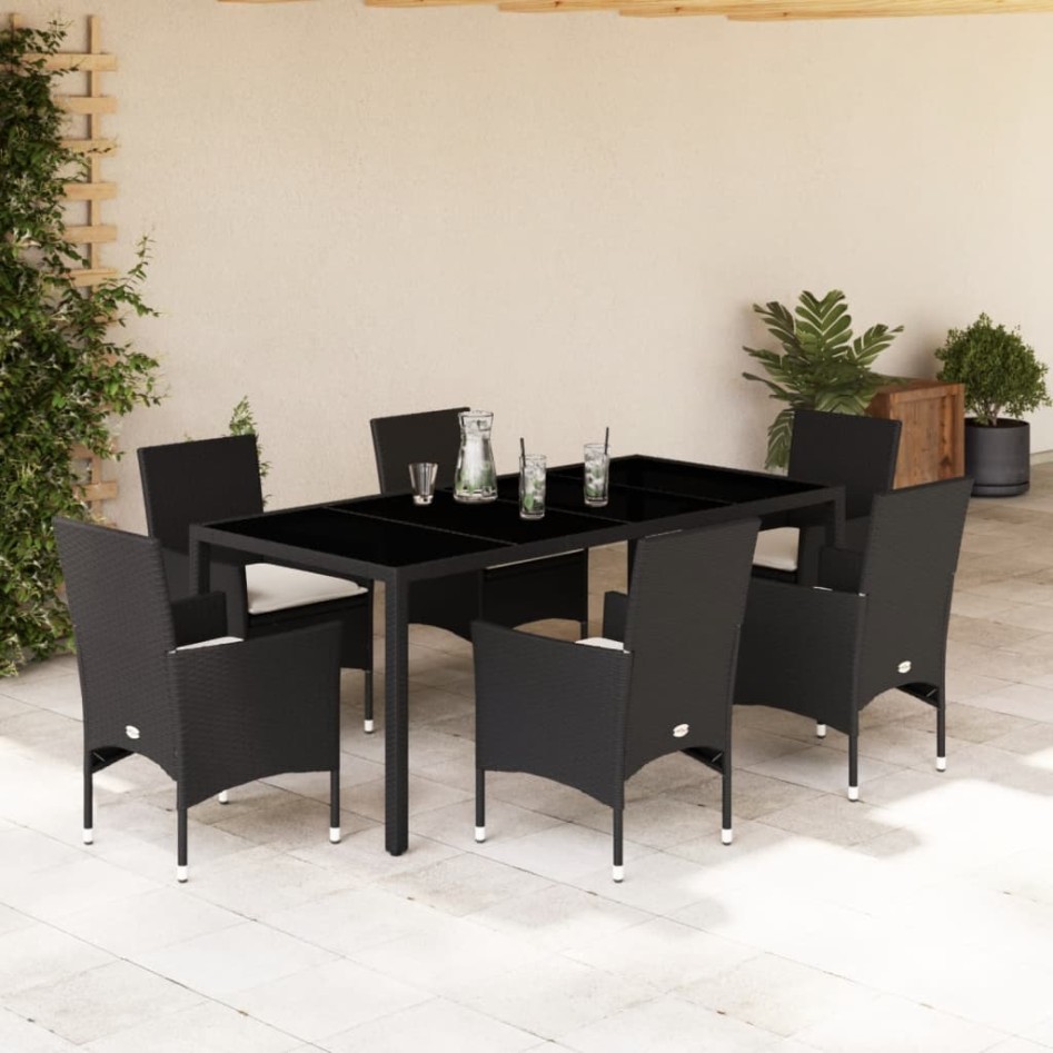 Set comedor jardín 7 pzas cojines ratán sintético vidrio