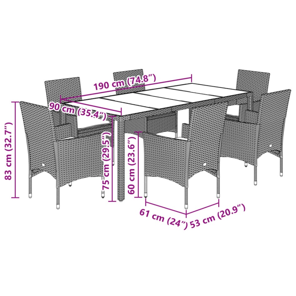 Set comedor jardín 7 pzas cojines ratán sintético vidrio