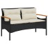 Banco de jardín y cojines ratán sintético negro 116x62,5x74