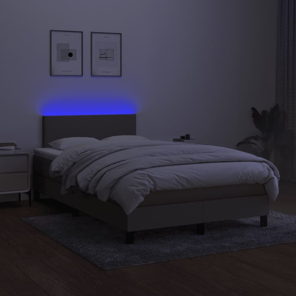 Cama box spring con colchón y LED tela gris taupe 120x190