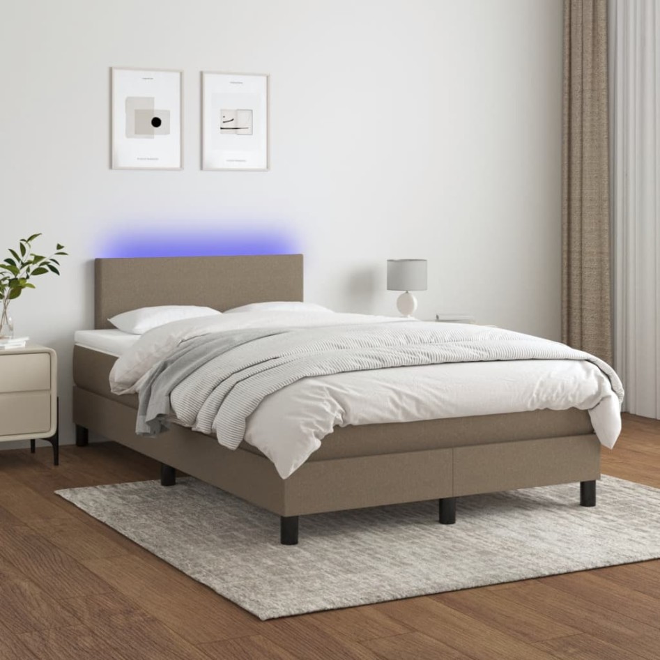 Cama box spring con colchón y LED tela gris taupe 120x190