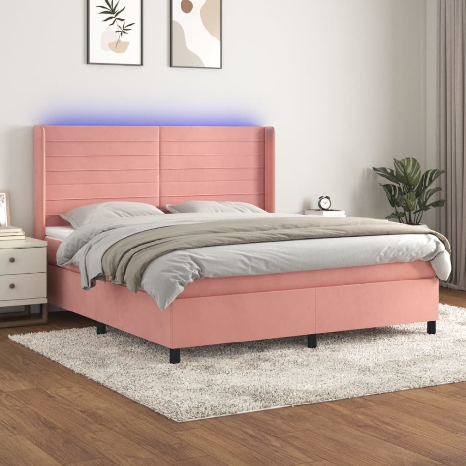 Cama box spring colchón y LED terciopelo rosa 180x200