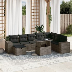 Set de muebles de jardín 9 pzas y cojines ratán sintético
