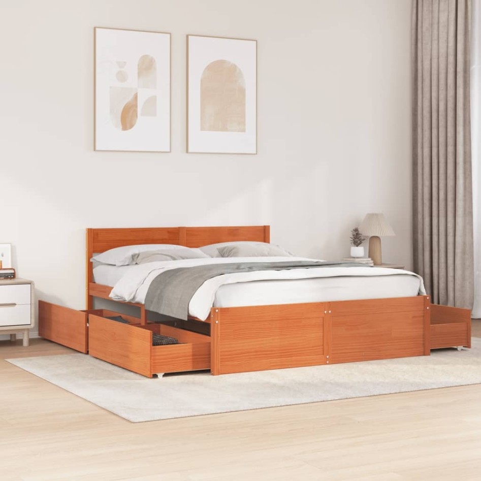 Cama sin colchón madera maciza de pino marrón cera 140x200