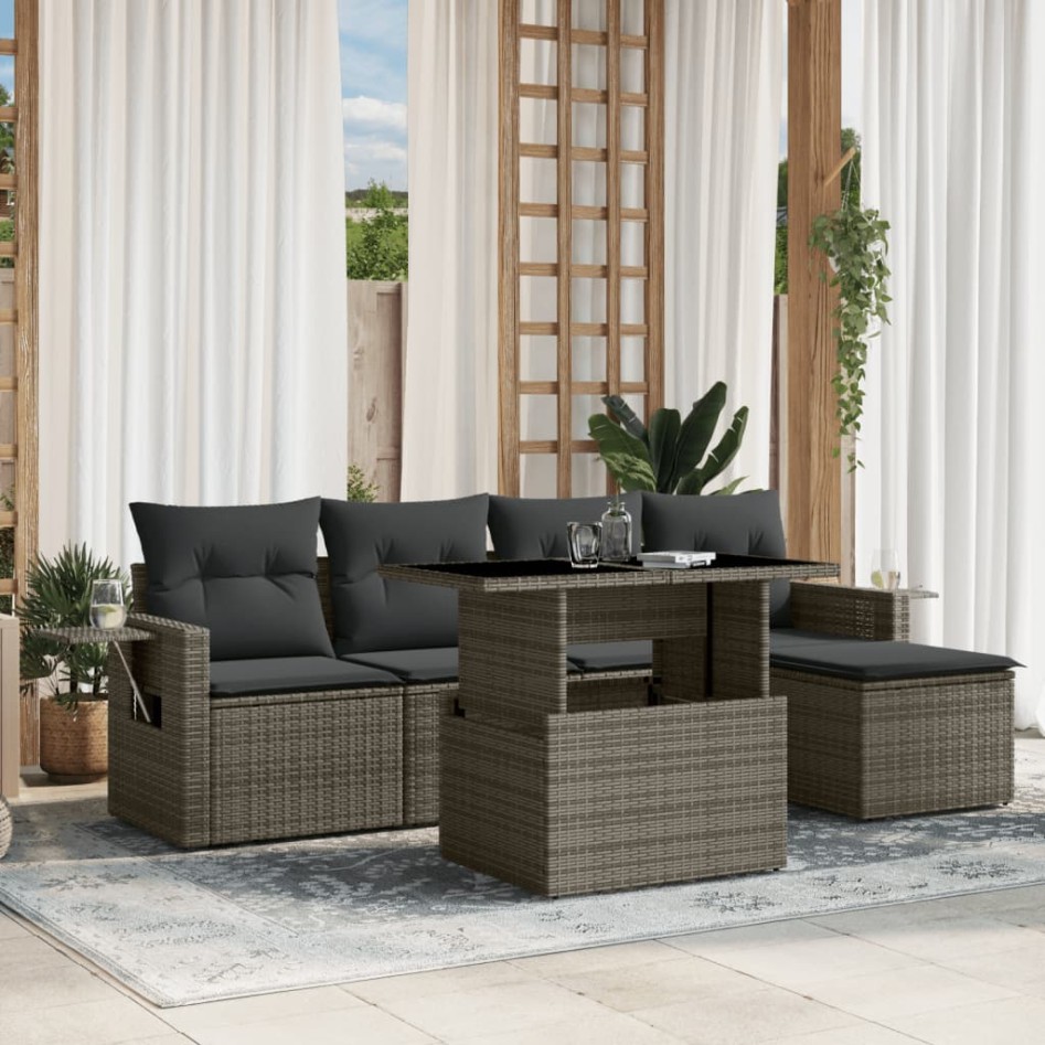 Set de muebles de jardín 6 pzas y cojines ratán sintético