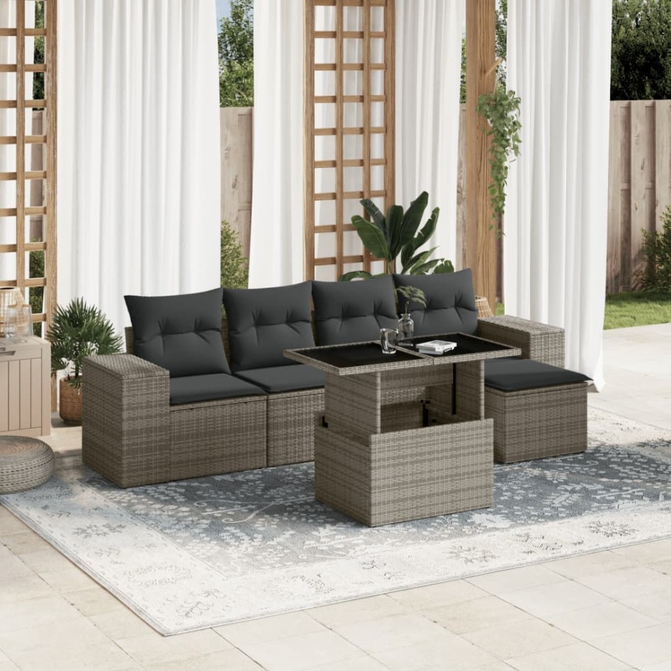 Set de muebles de jardín 6 pzas y cojines ratán sintético