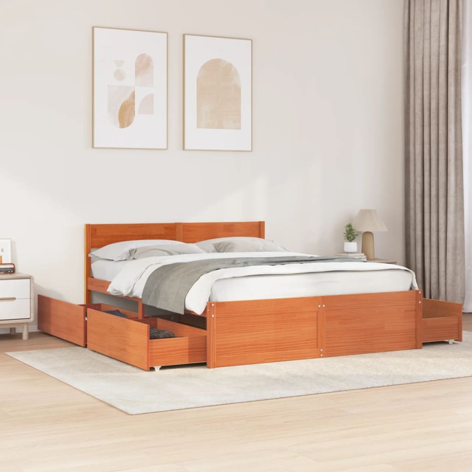 Cama sin colchón madera maciza de pino marrón cera 160x200