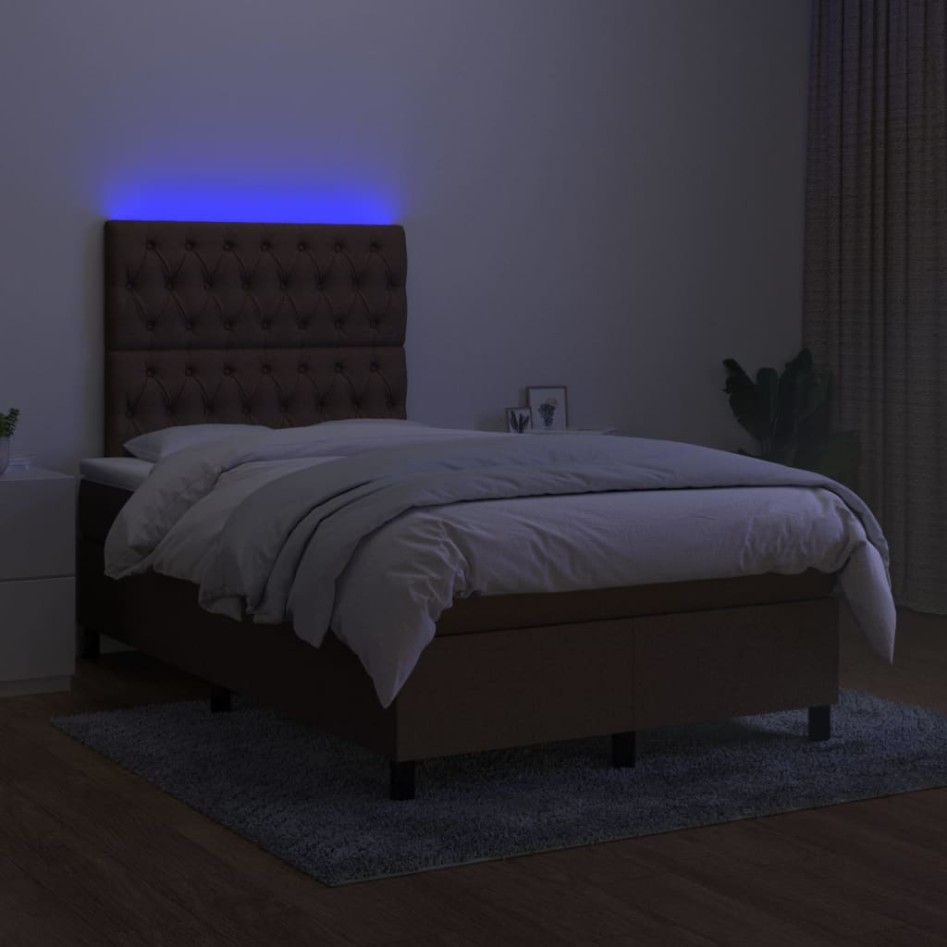 Cama box spring con colchón y LED tela marrón oscuro 120x200
