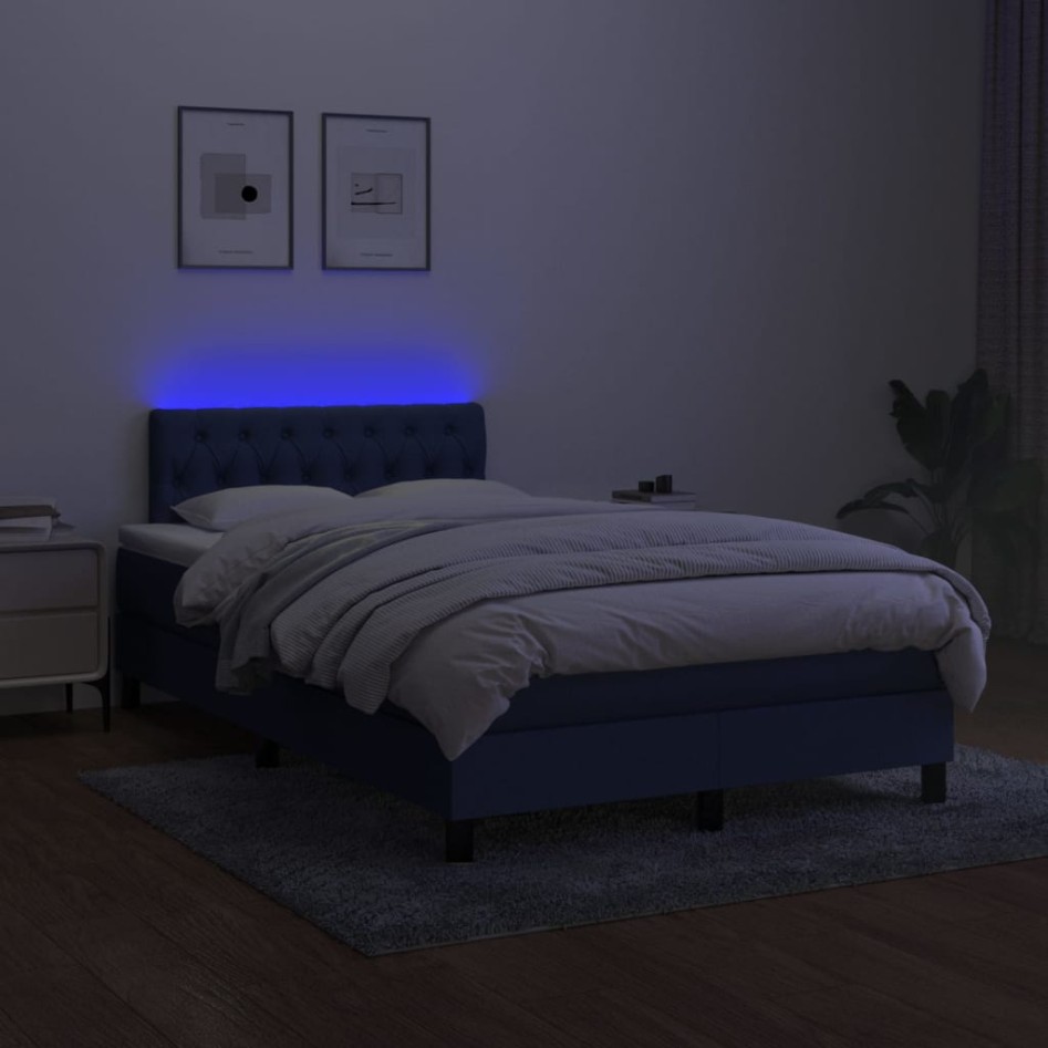 Cama box spring con colchón y LED tela azul 120x200