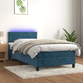 Cama box spring colchón y LED terciopelo azul oscuro 100x200