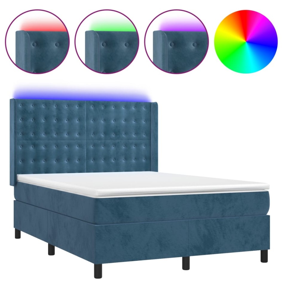 Cama box spring colchón y LED terciopelo azul oscuro 140x190