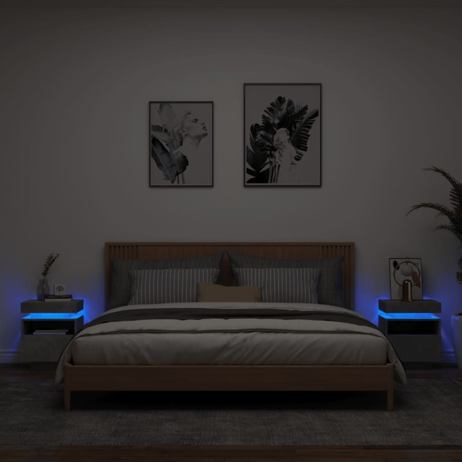 Mesitas de noche con luces LED 2 uds gris hormigón