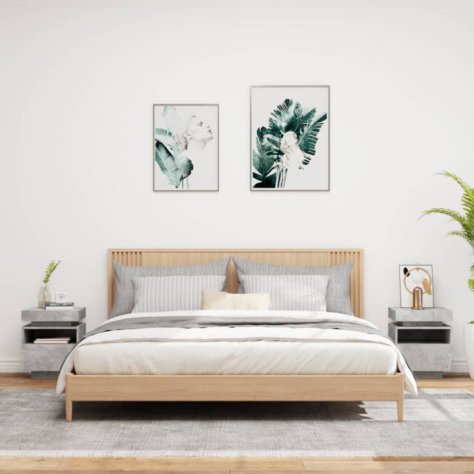 Mesitas de noche con luces LED 2 uds gris hormigón