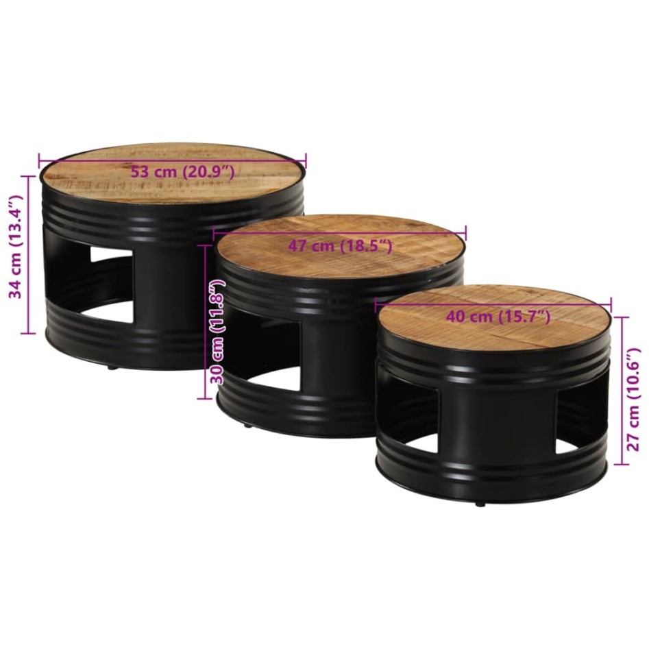 Mesas altas de bar forma tambor 3uds madera maciza mango