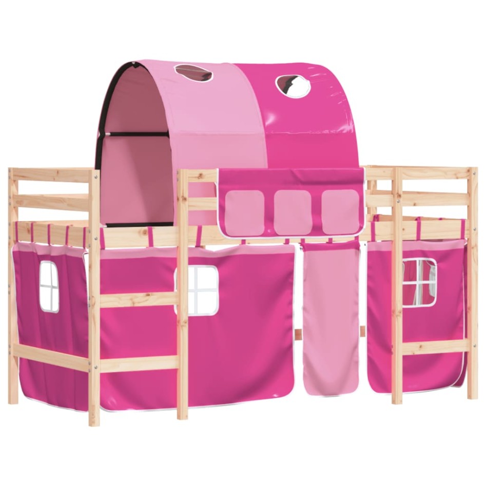 Cama alta para niños con túnel madera pino rosa 90x190