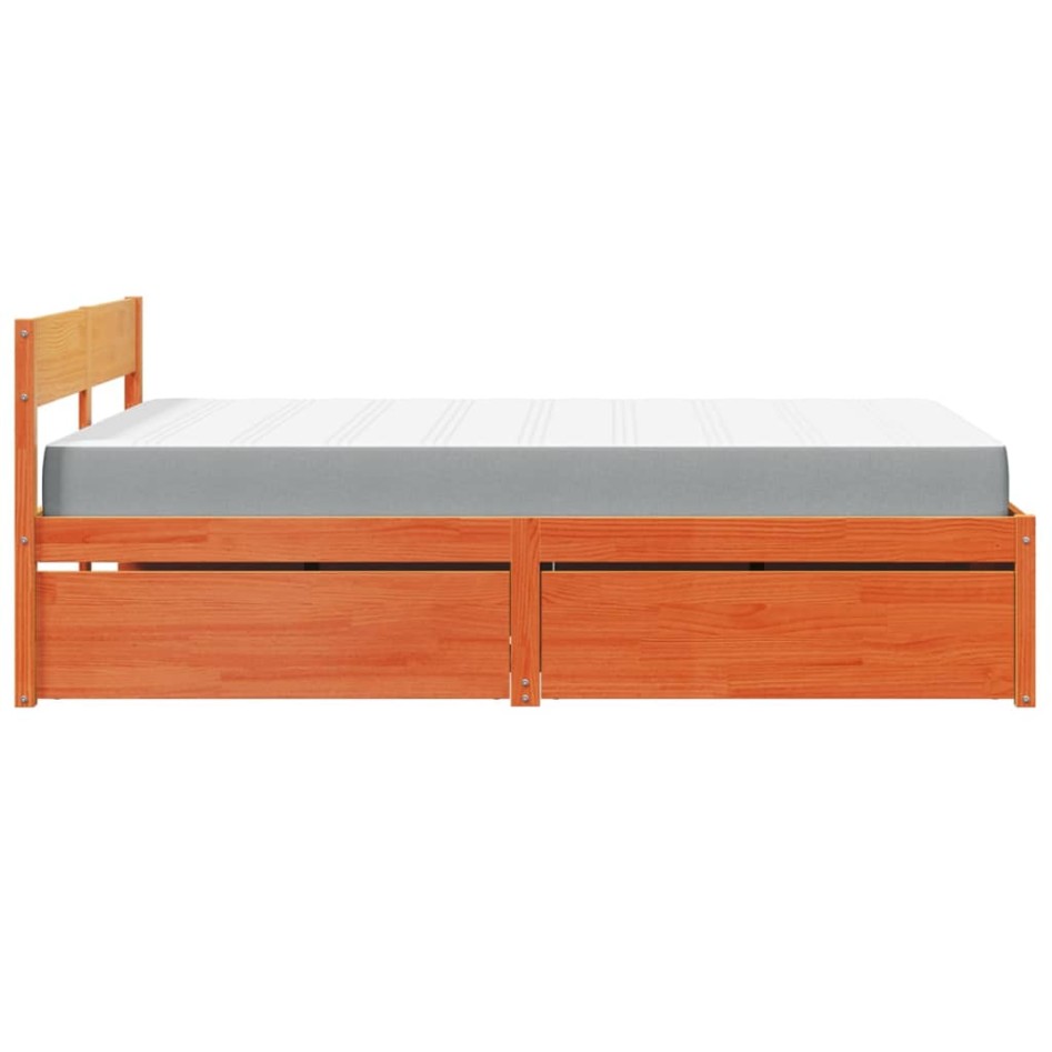 Cama con cajones y colchón madera pino marrón cera 140x190