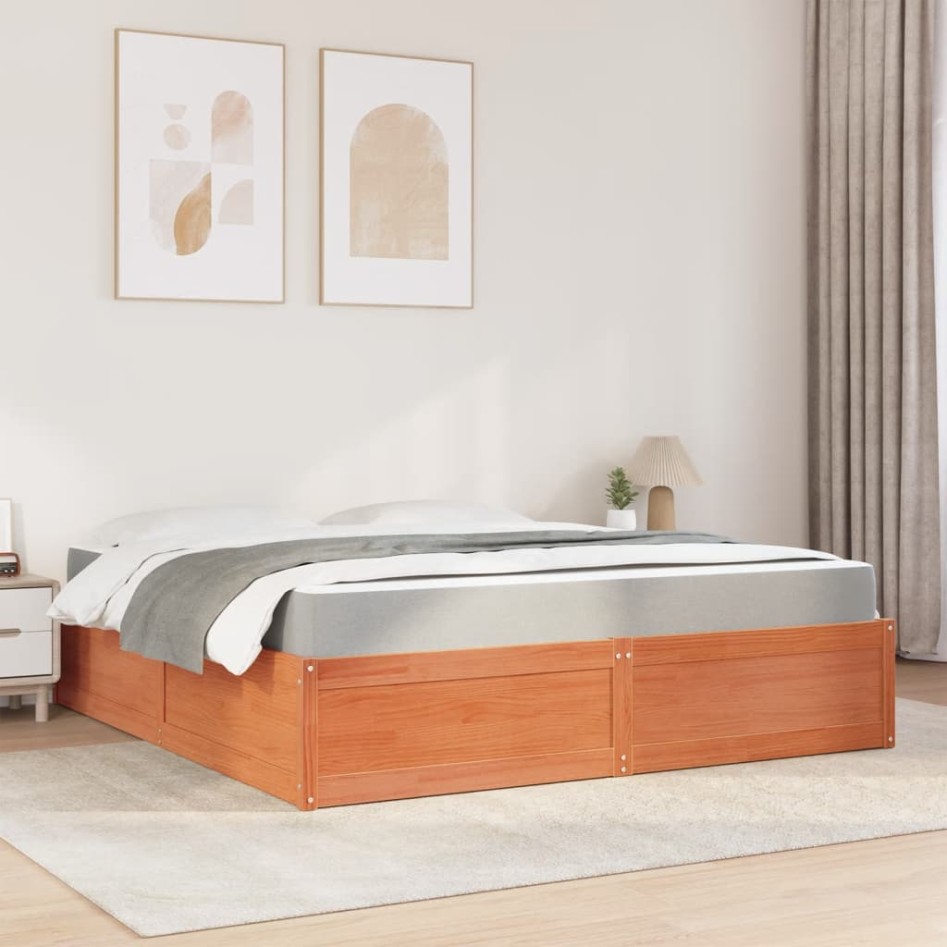 Cama con colchón madera maciza de pino marrón cera 180x200