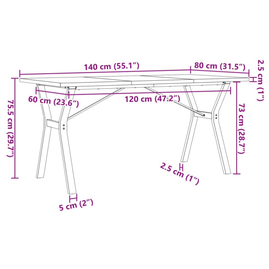 Mesa de comedor marco Y madera maciza pino acero 140x80x75,5