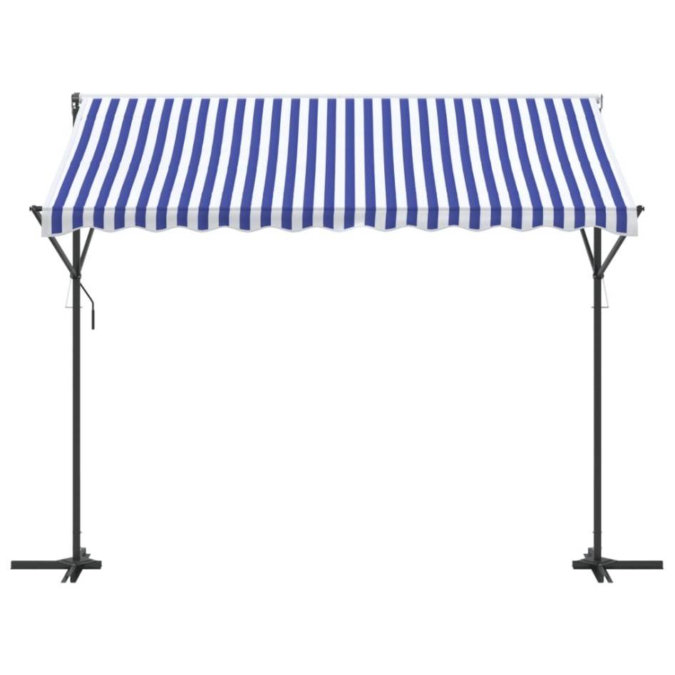 Toldo de pie tela y acero azul y blanco 300x300