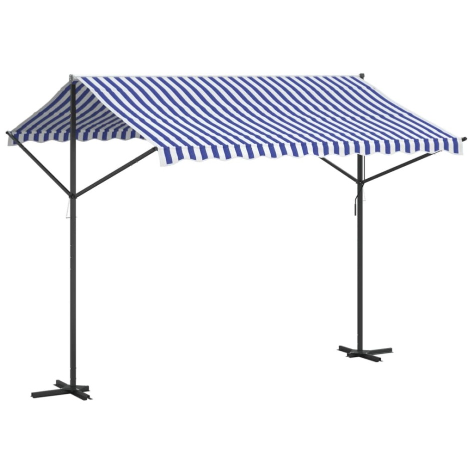 Toldo de pie tela y acero azul y blanco 300x300