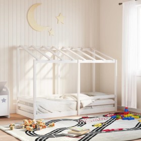 Cama infantil con techo madera maciza pino blanca 90x190