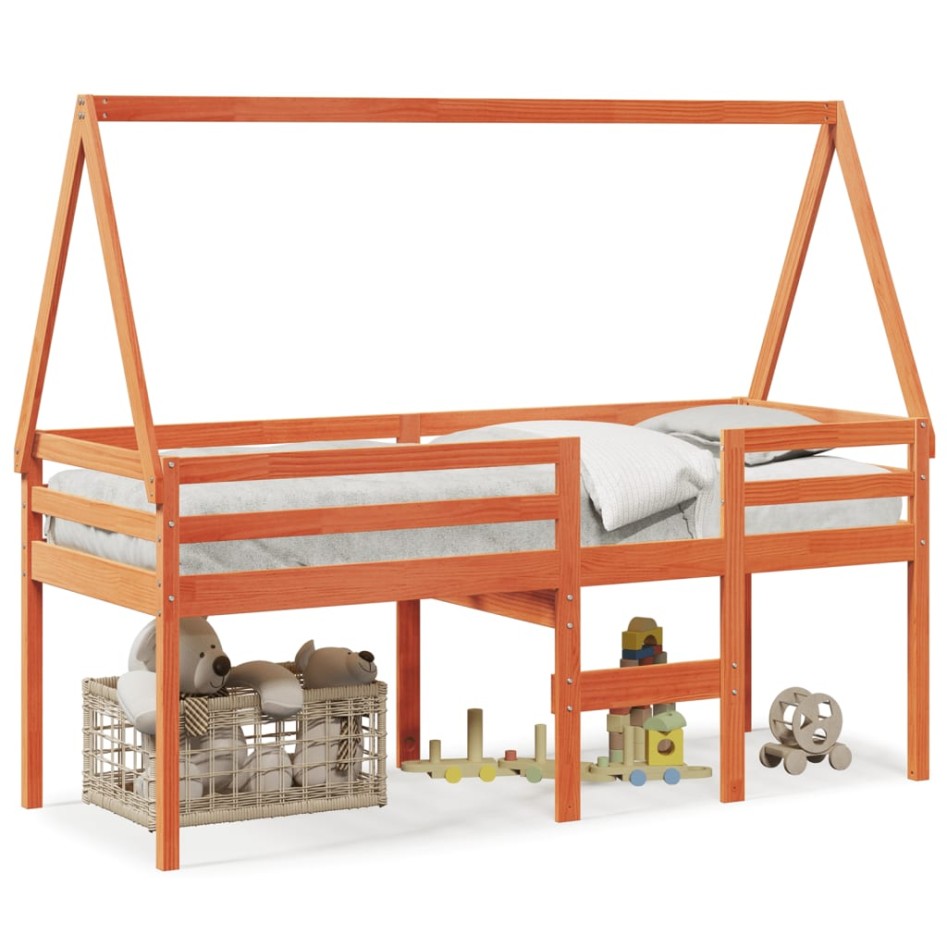 Cama alta con techo madera maciza de pino marrón cera 90x200