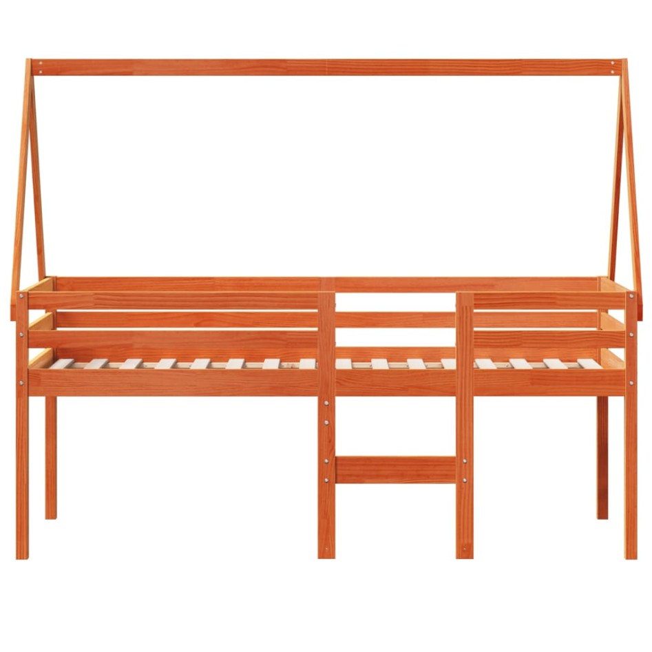 Cama alta con techo madera maciza de pino marrón cera 90x200