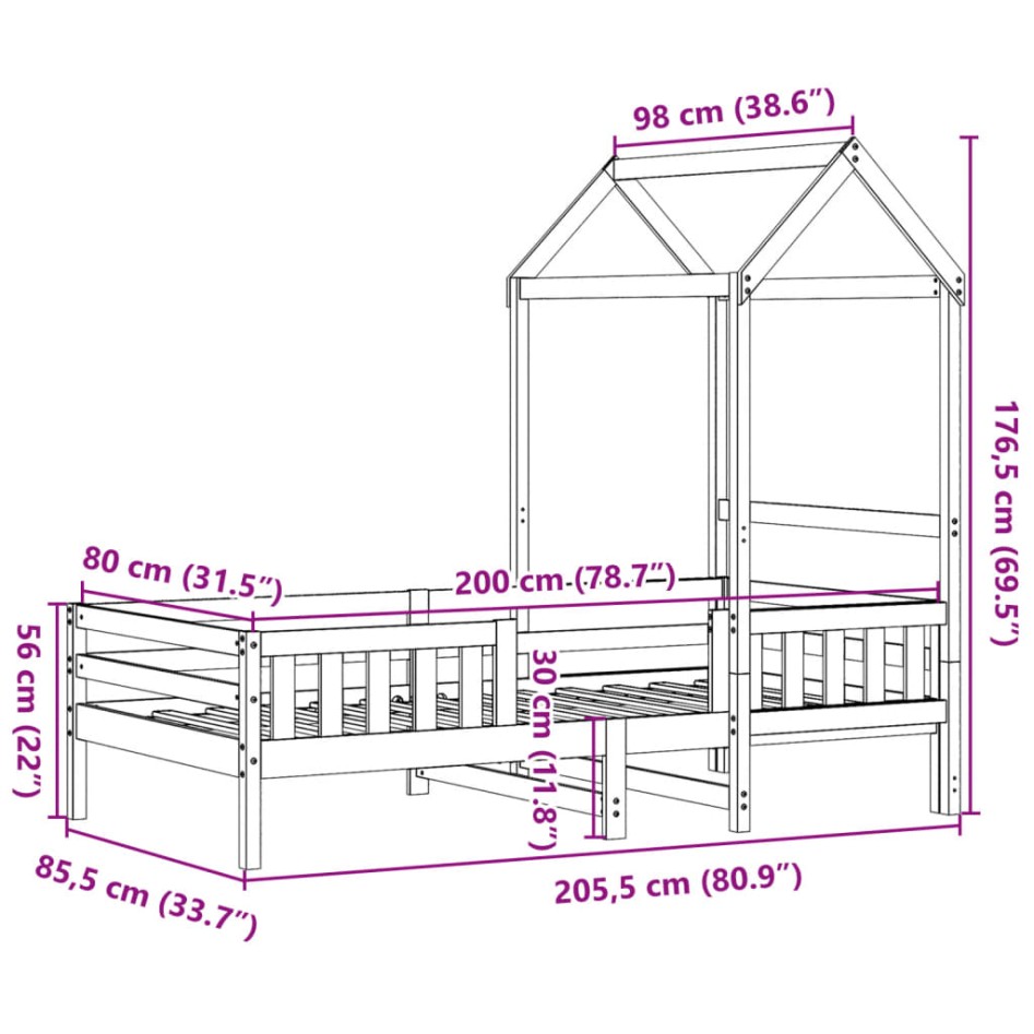 Estructura cama con techo madera maciza pino marrón 80x200