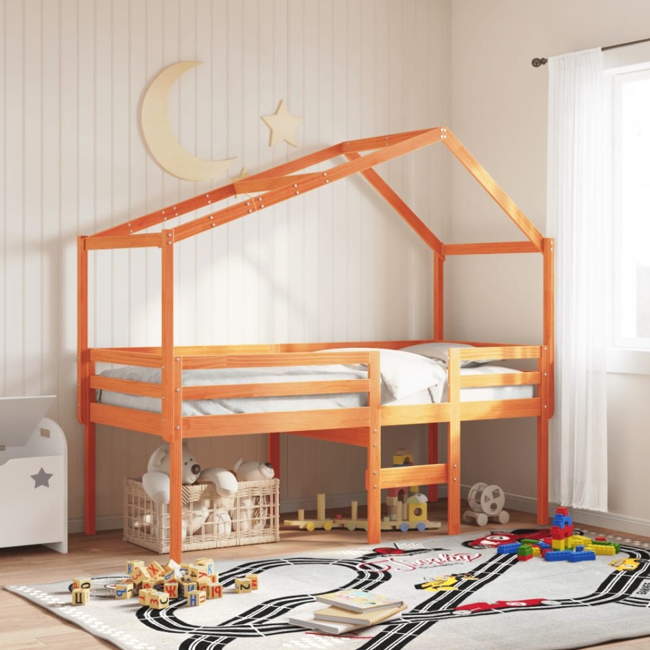 Cama alta con techo madera maciza de pino marrón cera 90x200