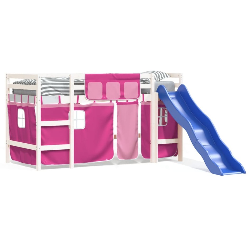 Cama alta para niños con cortinas madera pino rosa 90x200