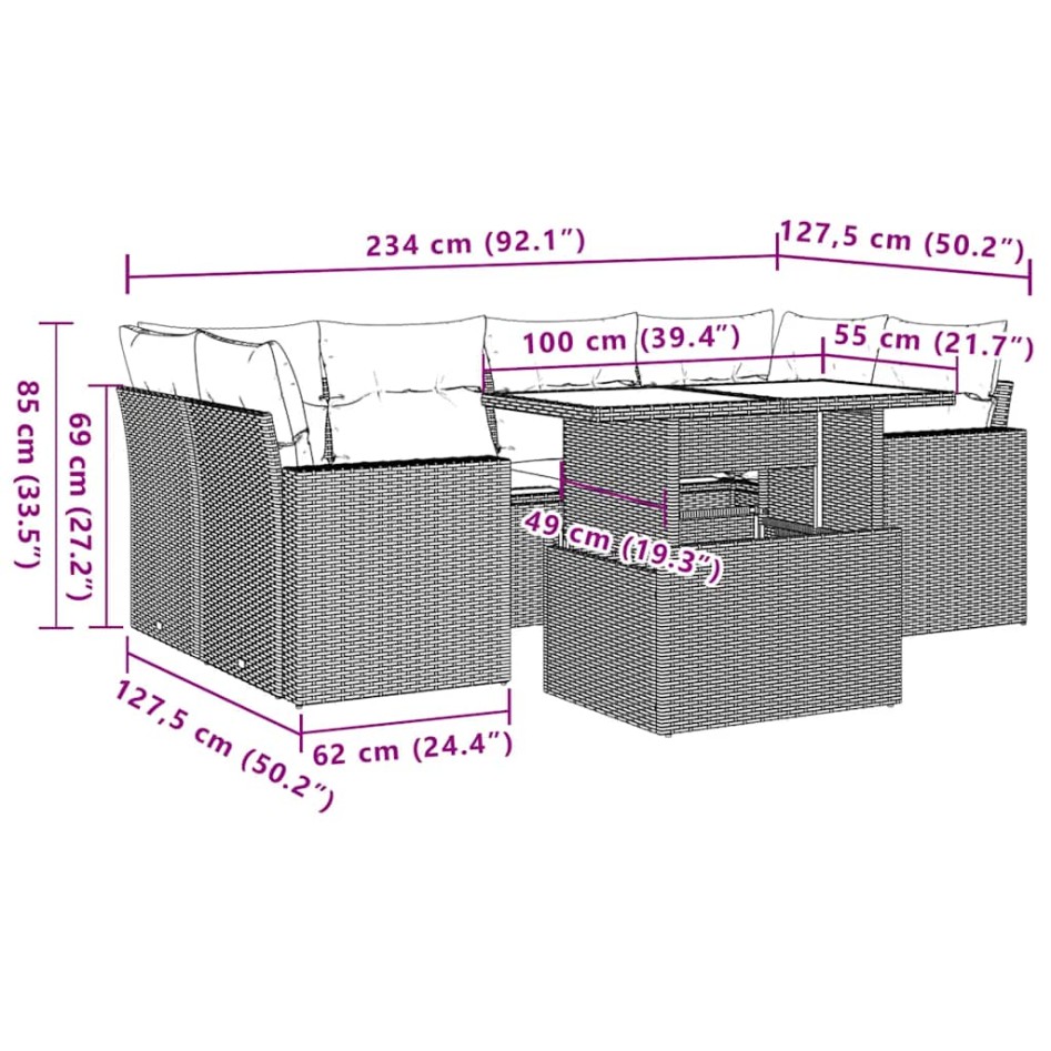 Set sofás de jardín 7 piezas y cojines ratán sintético