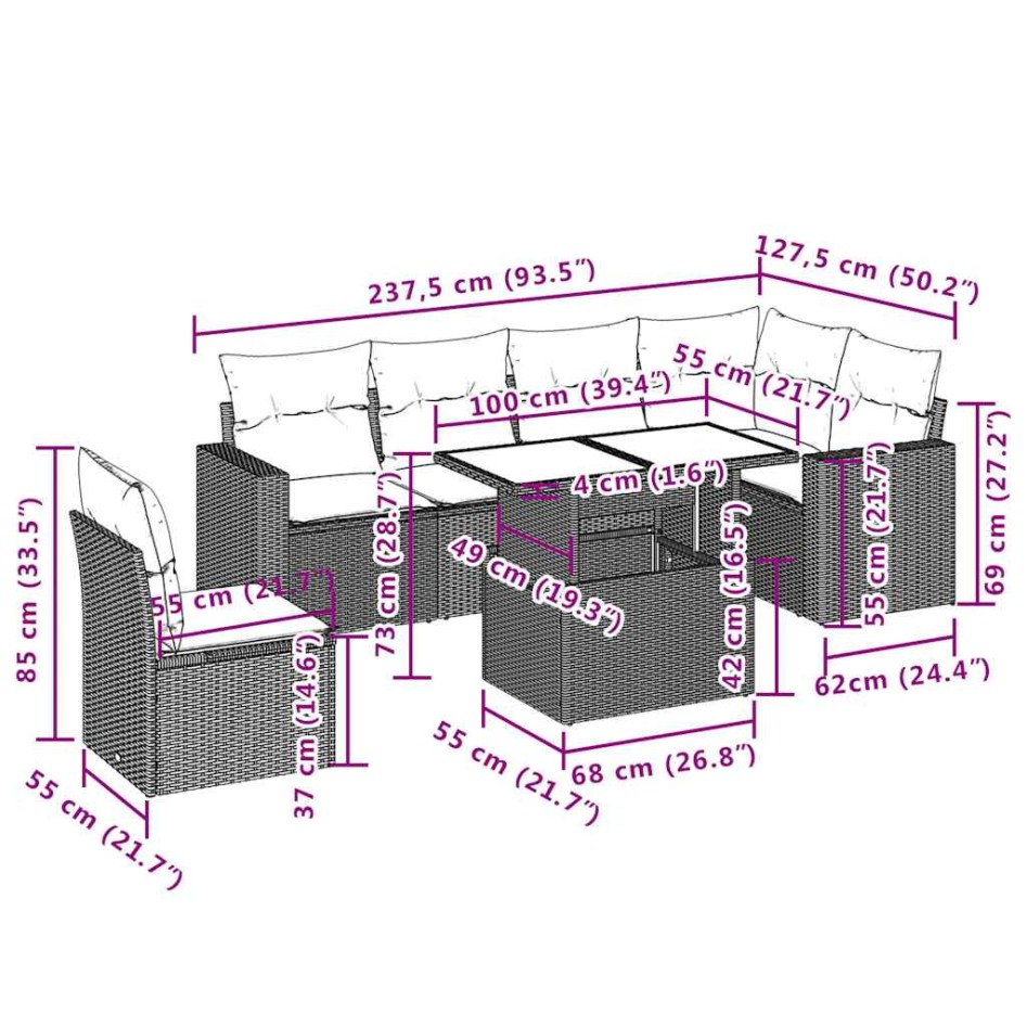 Set sofás de jardín 7 piezas y cojines ratán sintético