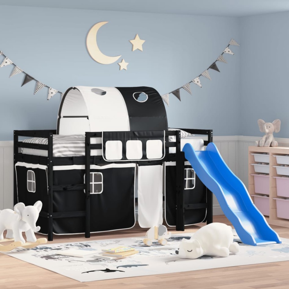 Cama alta niños con túnel madera pino blanco negro 80x200