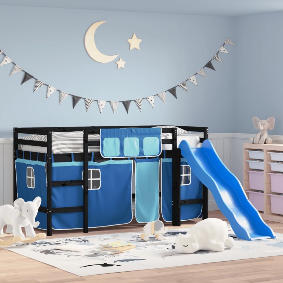 Cama alta para niños con cortinas madera pino azul 80x200