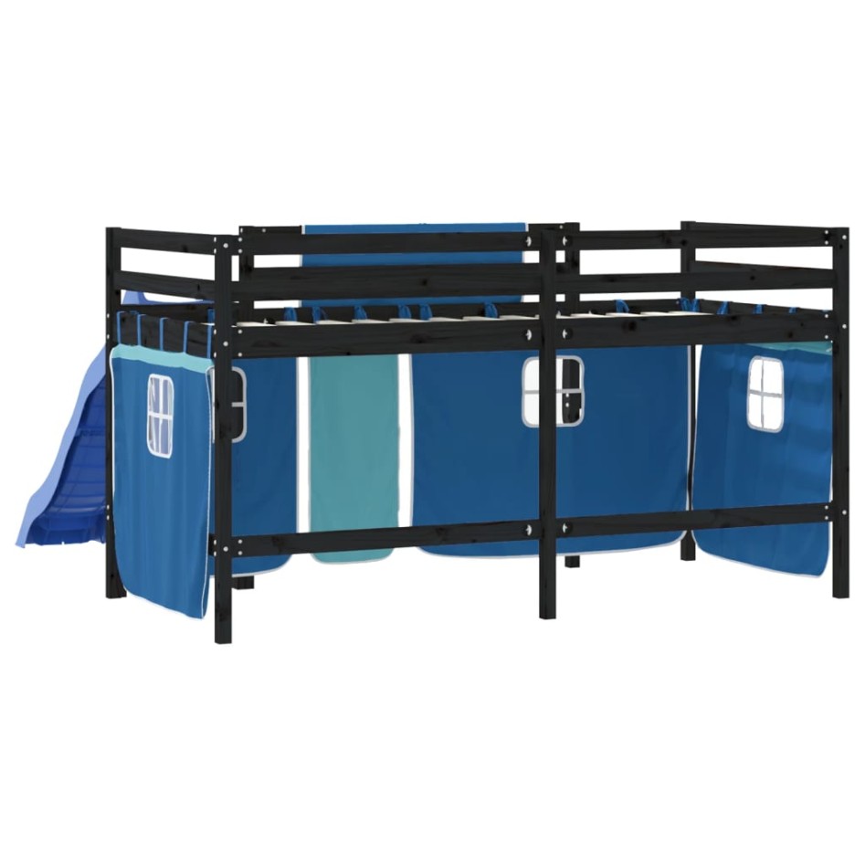 Cama alta para niños con cortinas madera pino azul 80x200