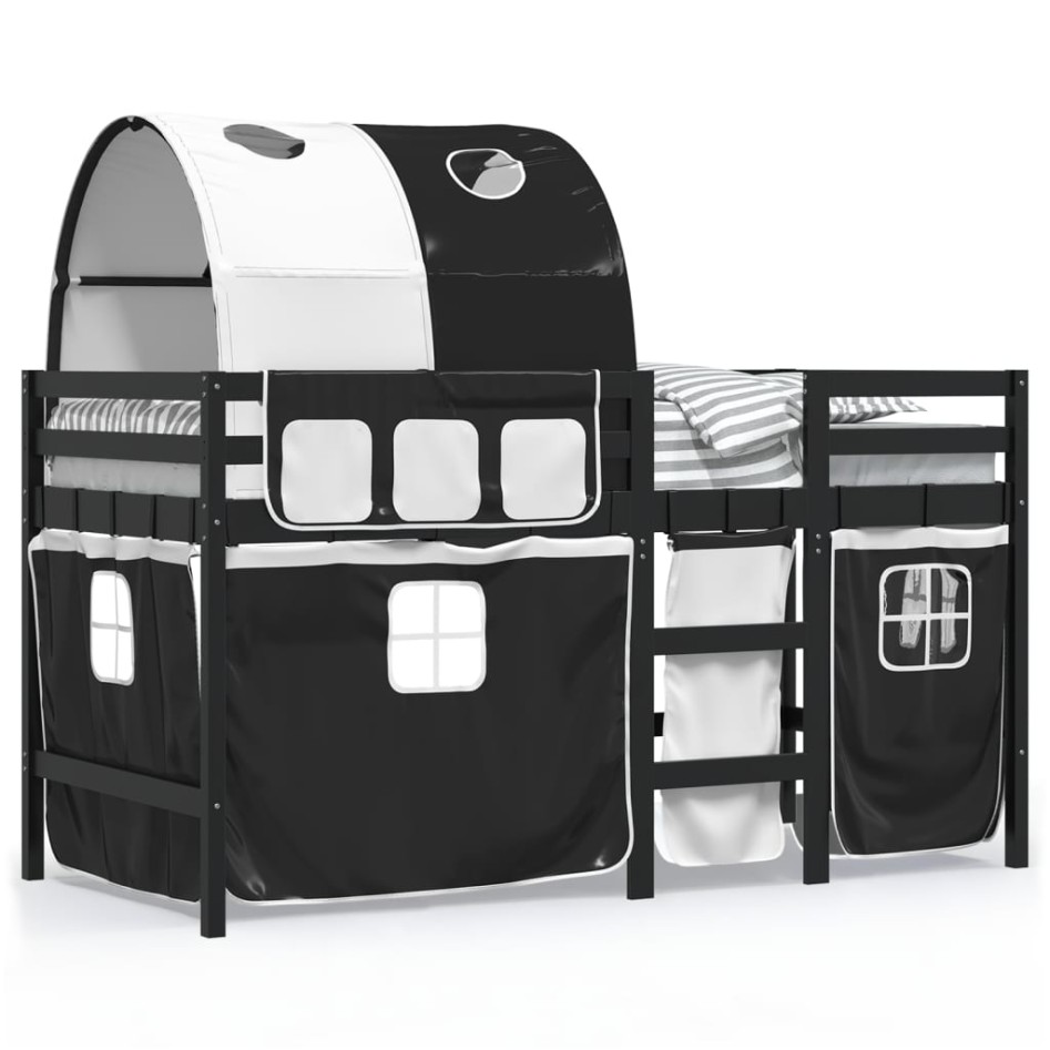 Cama alta niños con túnel madera pino blanco negro 90x200